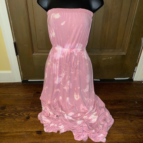 Rolla Coaster Pink & White Boho Stretchy Strapless Maxi Dress Waist Tie Size S - Picture 6 of 10